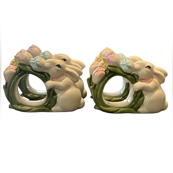 VTG 90’s set of 4 Easter cottagecore Spring bunny hand painted napkin rings - Picture 6 of 10